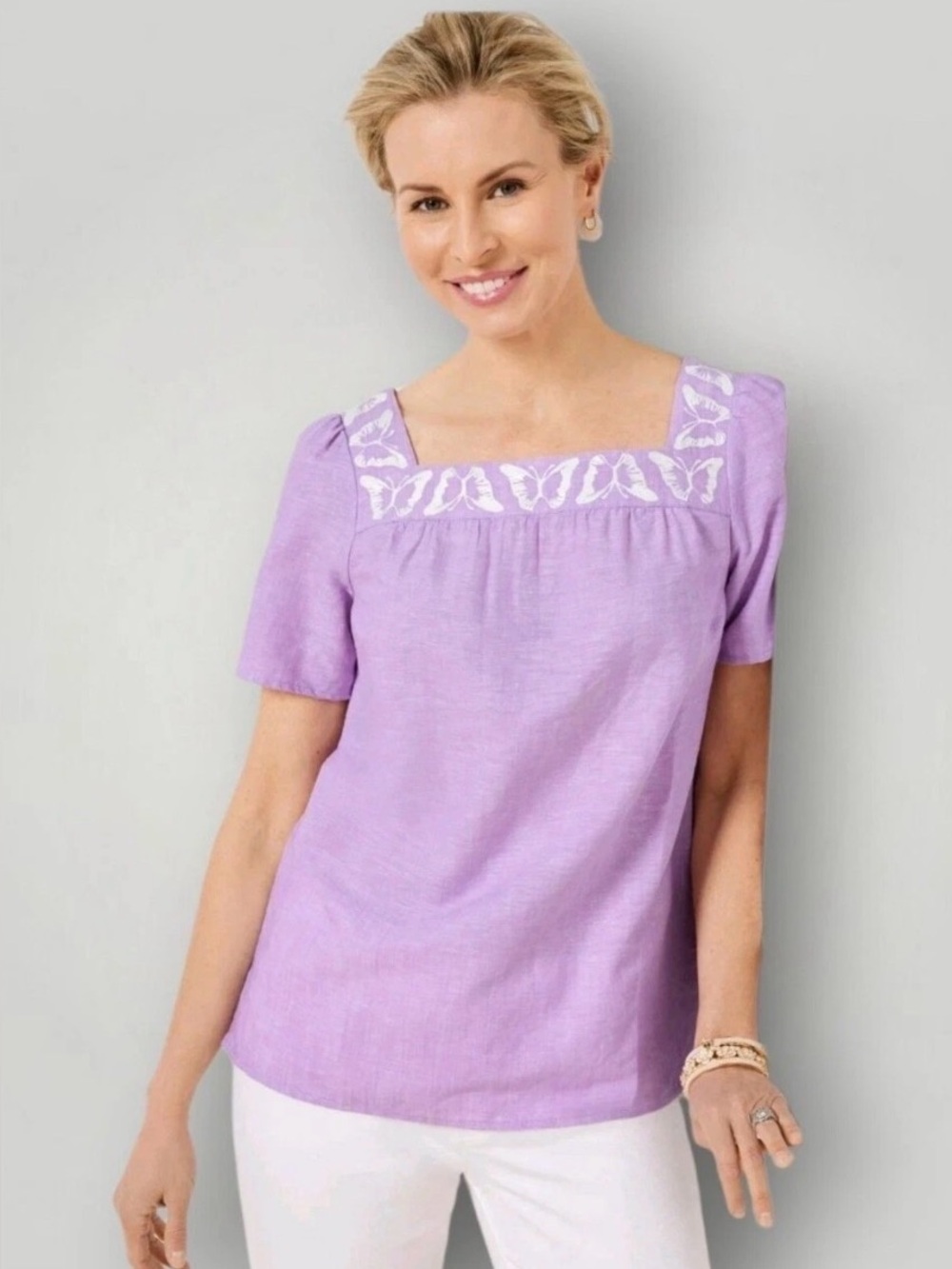 Talbots Linen Blend Top Womens Large Purple Butterfly Embroidered Short Sleeve